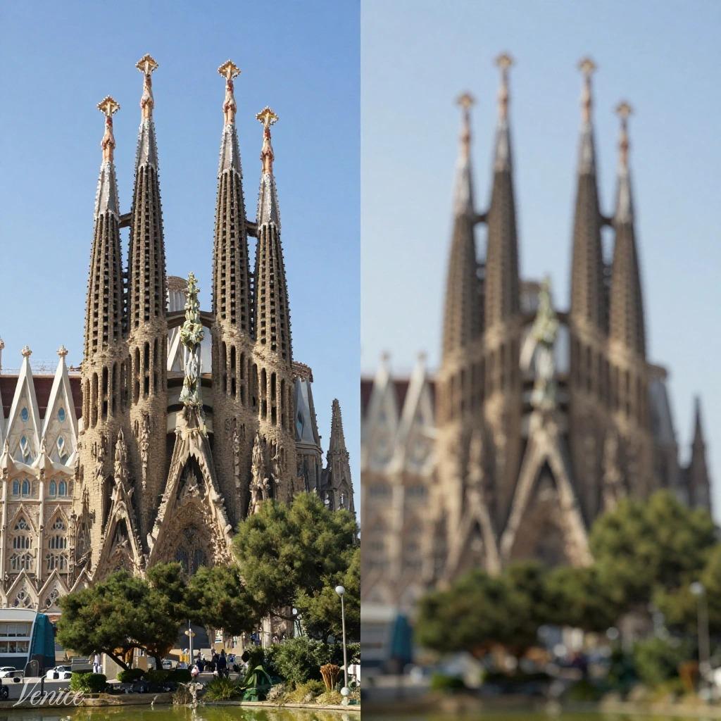 Visión de un paciente sin defecto de graduación a la izquierda y con 4 dioptrías de astigmatismo a la derecha